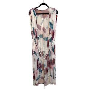 Boamar Floral Swim Cover Up Maxi Duster White Sheer Mesh Boho Resortwear Beach